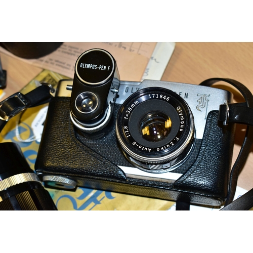 753 - AN ORIGINAL OLYMPUS F HALF FRAME FILM CAMERA fitted with a 38mm f1.8 Olympus Zuiko lens and F T expo... 