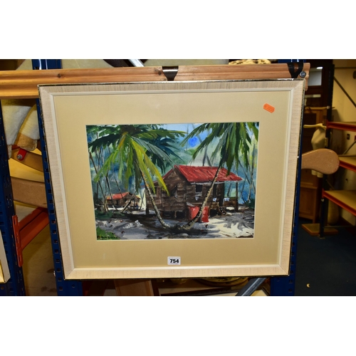 754 - EDWIN HINGWAN (TRINIDAD 1932-1976) BEACH HUTS AND PALM TREES, signed and dated (19)75 bottom left, w... 