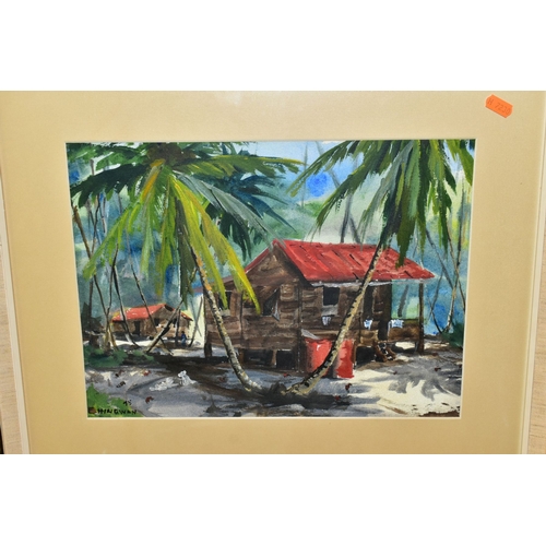 754 - EDWIN HINGWAN (TRINIDAD 1932-1976) BEACH HUTS AND PALM TREES, signed and dated (19)75 bottom left, w... 