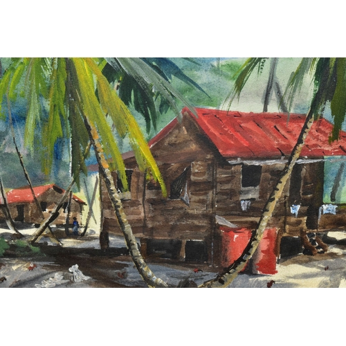 754 - EDWIN HINGWAN (TRINIDAD 1932-1976) BEACH HUTS AND PALM TREES, signed and dated (19)75 bottom left, w... 