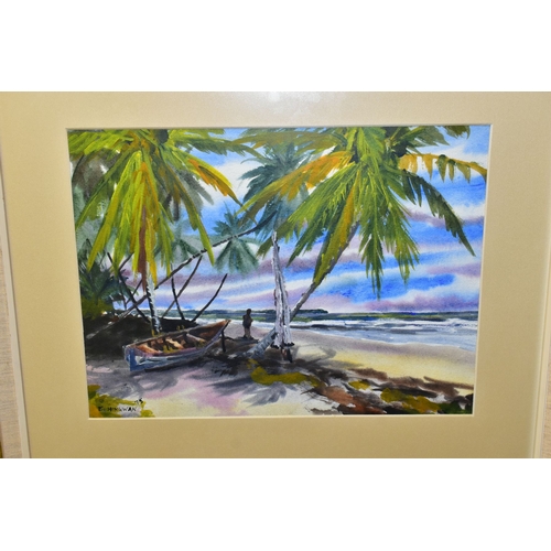 755 - EDWIN HINGWAN (TRINIDAD 1932-1976) FIGURE AND BOAT IN THE SHADE OF PALM TREES, signed and dated (19)... 