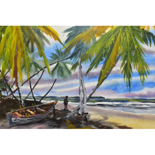 755 - EDWIN HINGWAN (TRINIDAD 1932-1976) FIGURE AND BOAT IN THE SHADE OF PALM TREES, signed and dated (19)... 