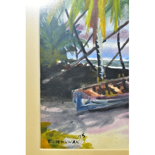 755 - EDWIN HINGWAN (TRINIDAD 1932-1976) FIGURE AND BOAT IN THE SHADE OF PALM TREES, signed and dated (19)... 