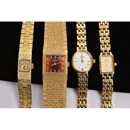 167 - FOUR GOLD PLATED LADIES ROTARY WRISTWATCHES, the first an elongated hand would watch brushed champag... 