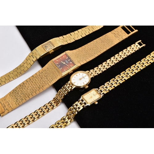 167 - FOUR GOLD PLATED LADIES ROTARY WRISTWATCHES, the first an elongated hand would watch brushed champag... 