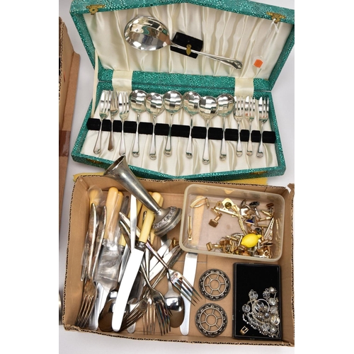 170 - TWO BOXES OF COSTUME JEWELLERY, CUTLERY AND OTHER MISCELLANEOUS ITEMS, to include two silver plated ... 