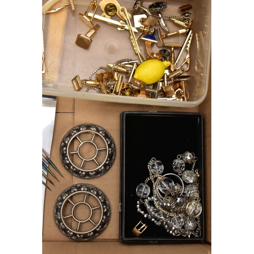 170 - TWO BOXES OF COSTUME JEWELLERY, CUTLERY AND OTHER MISCELLANEOUS ITEMS, to include two silver plated ... 