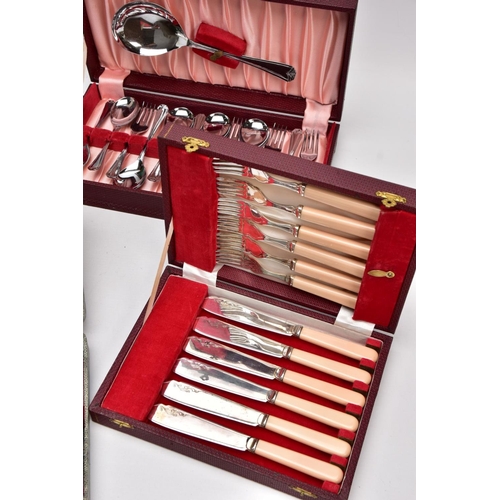 185 - A SELECTION OF FLATWARE, to include a complete wooden canteen of cutlery, a cased set of seven shell... 