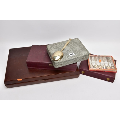 185 - A SELECTION OF FLATWARE, to include a complete wooden canteen of cutlery, a cased set of seven shell... 