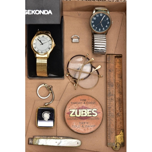 190 - TWO BOXES OF ASSORTED ITEMS, to include a boxed a/f gent's 'Sekonda' wristwatch, a gent's white meta... 