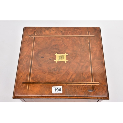 194 - A LATE VICTORIAN BURR WALNUT AND INLAID THREE TIERED DESSERT SERVING/EATING SET, comprising grape sc... 