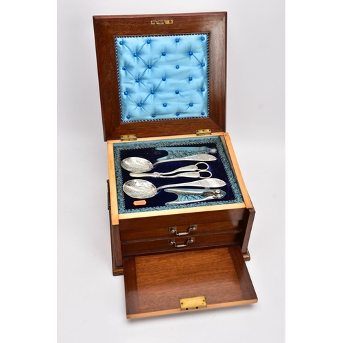 194 - A LATE VICTORIAN BURR WALNUT AND INLAID THREE TIERED DESSERT SERVING/EATING SET, comprising grape sc... 