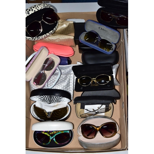 203 - TWO BOXES OF COSTUME JEWELLERY AND SUNGLASSES, to include a box of assorted sunglasses in various de... 