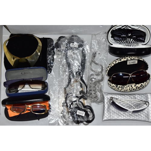 203 - TWO BOXES OF COSTUME JEWELLERY AND SUNGLASSES, to include a box of assorted sunglasses in various de... 