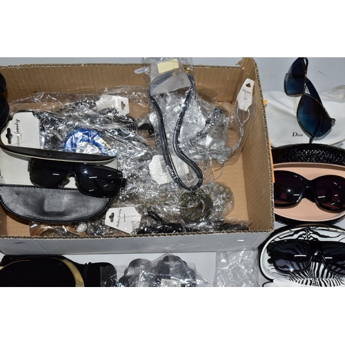 203 - TWO BOXES OF COSTUME JEWELLERY AND SUNGLASSES, to include a box of assorted sunglasses in various de... 