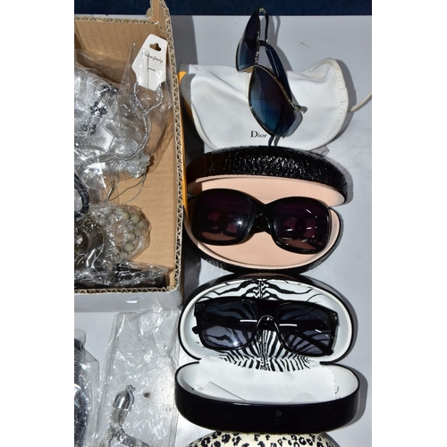 203 - TWO BOXES OF COSTUME JEWELLERY AND SUNGLASSES, to include a box of assorted sunglasses in various de... 