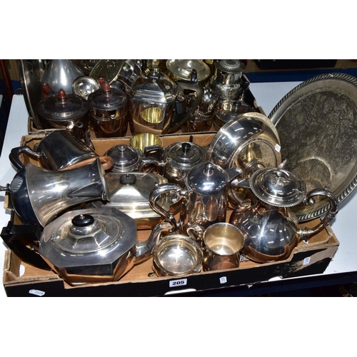 205 - TWO BOXES OF WHITE METALWARE, to include various teapots, coffee pots, tankards, milk jugs and cream... 