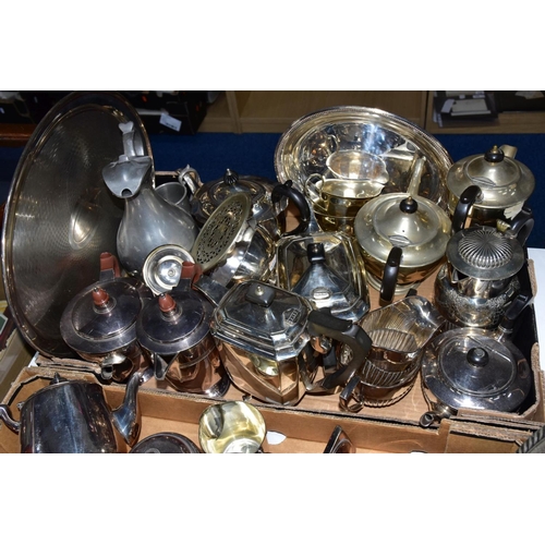 205 - TWO BOXES OF WHITE METALWARE, to include various teapots, coffee pots, tankards, milk jugs and cream... 