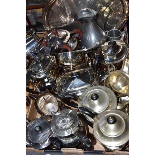 205 - TWO BOXES OF WHITE METALWARE, to include various teapots, coffee pots, tankards, milk jugs and cream... 