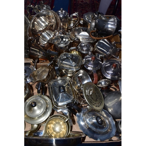 205 - TWO BOXES OF WHITE METALWARE, to include various teapots, coffee pots, tankards, milk jugs and cream... 