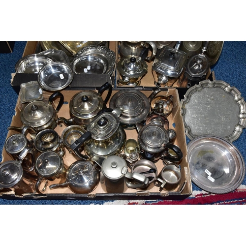 208 - THREE BOXES OF WHITE METAL WARE, to include various teapots, coffee pots, sugar bowls, milk jugs, cr... 