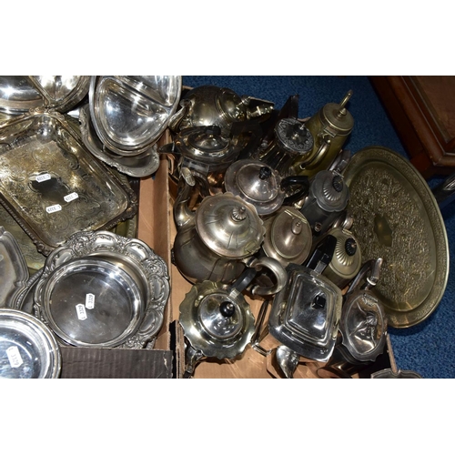 208 - THREE BOXES OF WHITE METAL WARE, to include various teapots, coffee pots, sugar bowls, milk jugs, cr... 