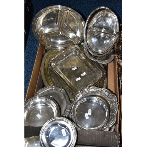 208 - THREE BOXES OF WHITE METAL WARE, to include various teapots, coffee pots, sugar bowls, milk jugs, cr... 