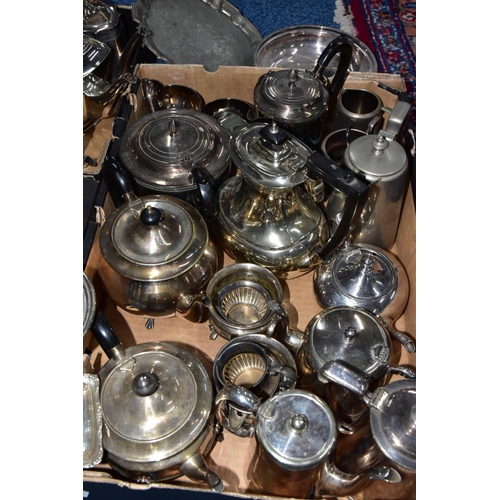 208 - THREE BOXES OF WHITE METAL WARE, to include various teapots, coffee pots, sugar bowls, milk jugs, cr... 