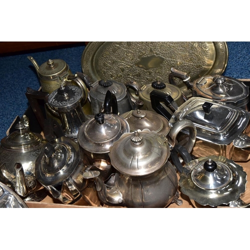 208 - THREE BOXES OF WHITE METAL WARE, to include various teapots, coffee pots, sugar bowls, milk jugs, cr... 