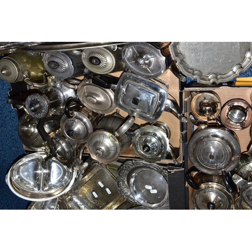 208 - THREE BOXES OF WHITE METAL WARE, to include various teapots, coffee pots, sugar bowls, milk jugs, cr... 