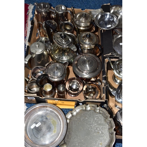 208 - THREE BOXES OF WHITE METAL WARE, to include various teapots, coffee pots, sugar bowls, milk jugs, cr... 