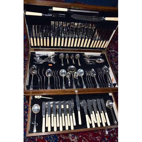 209 - AN OAK AND WALNUT VENEERED CANTEEN, possibly 1940/50's, opening top and a draw complete with 'Viners... 