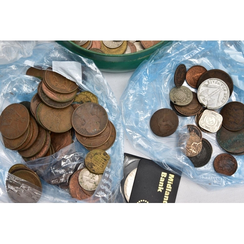 217 - A BOX OF WORLD COINAGE to include a small amount of silver coins