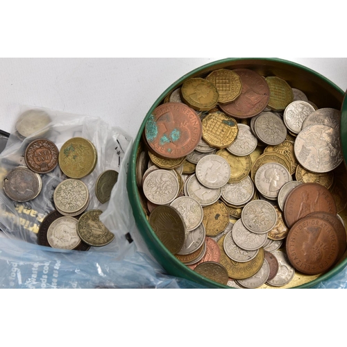 217 - A BOX OF WORLD COINAGE to include a small amount of silver coins