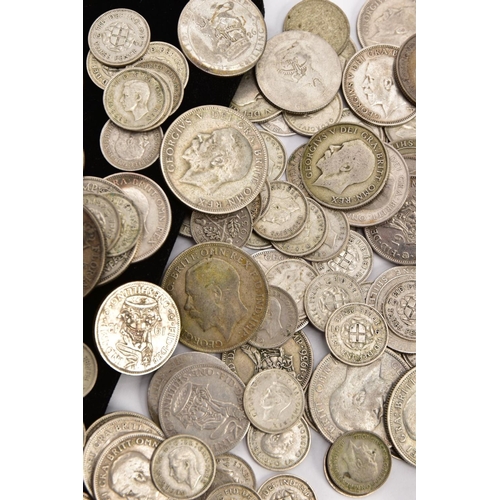 221 - A PLASTIC BAG OF PRE 1947 SILVER COINS, silver three pence to half crowns over 500 grams