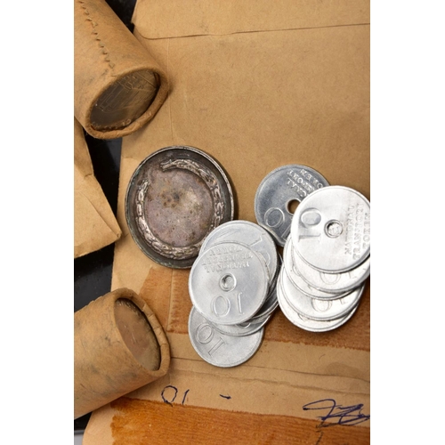 223 - A STRONG BOX CONTAINING A SELECTION OF BRITISH TRANSPORT TOKENS, from The National Transport scheme ... 