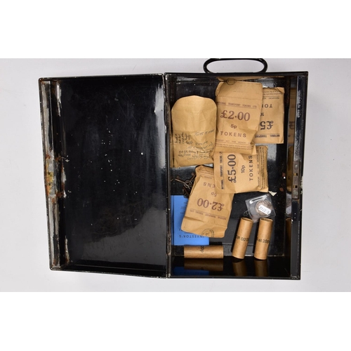223 - A STRONG BOX CONTAINING A SELECTION OF BRITISH TRANSPORT TOKENS, from The National Transport scheme ... 