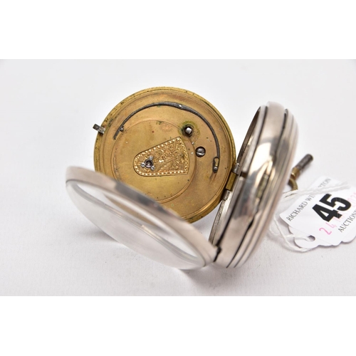 45 - A GEORGE III, SILVER OPEN FACED POCKET WATCH, white dial, Roman numerals, seconds subsidiary dial at... 