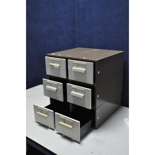 1057 - THREE METAL INDEX CARD DRAWER UNITS with two drawers to each (one plastic handle broken) width 44cm ... 