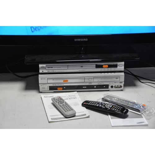 1062 - A SAMSUNG LE40A556 40ins TV with remote, a Toshiba DVD player with remote and a Funai DVD Video with... 