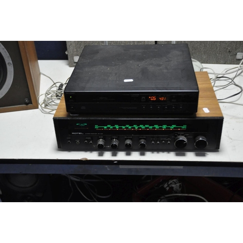 1085 - A VINTAGE ROTEL RX-402 STEREO RECEIVER, a Sharp CD player, a pair of modern satellite speaker stands... 