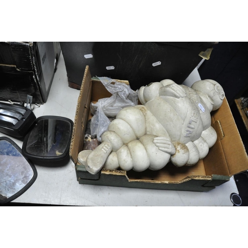 1104 - THREE TRAYS CONTAINING AUTOMOTIVE SPARES AND MEMORABILIA including a damaged Michelin Man 47cm high,... 