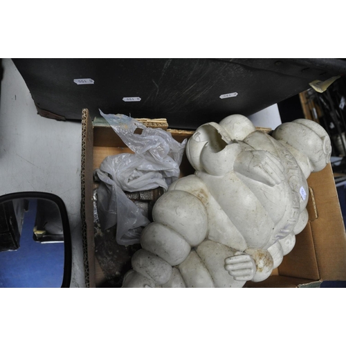 1104 - THREE TRAYS CONTAINING AUTOMOTIVE SPARES AND MEMORABILIA including a damaged Michelin Man 47cm high,... 