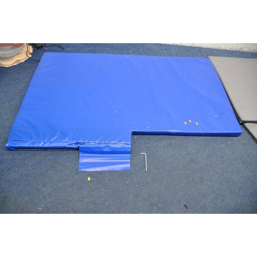 1129 - THREE FITNESS MATS, two in grey 200cm x 100cm, the other is shaped 120cm at its widest and 183cm lon... 