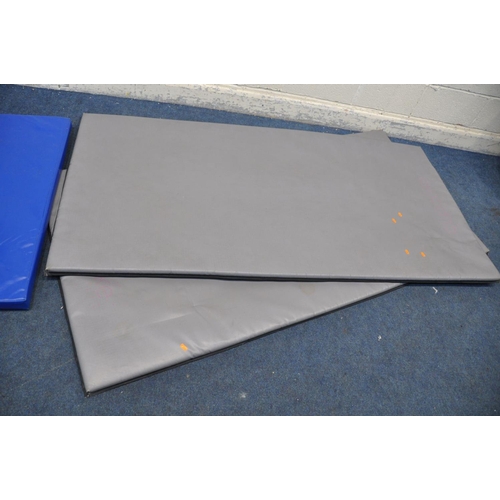 1129 - THREE FITNESS MATS, two in grey 200cm x 100cm, the other is shaped 120cm at its widest and 183cm lon... 