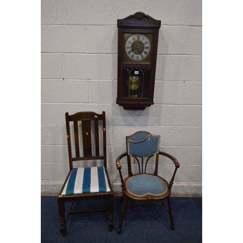 1198 - AN EARLY 20TH CENTURY OAK WALL CLOCK (winding key and pendulum), height 77cm together with an Edward... 