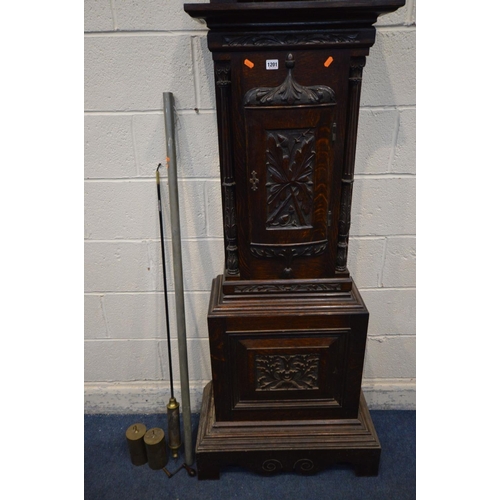 1201 - AN EARLY 20TH CENTURY OAK EIGHT DAY CHIMING LONGCASE CLOCK, the hood with an elaborate swan neck ped... 