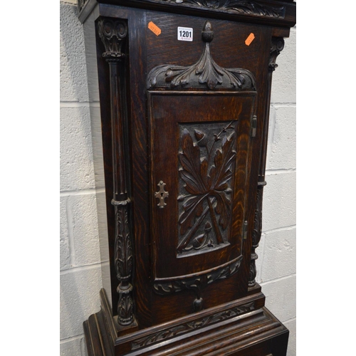 1201 - AN EARLY 20TH CENTURY OAK EIGHT DAY CHIMING LONGCASE CLOCK, the hood with an elaborate swan neck ped... 