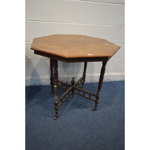 1203 - AN EDWARDIAN MAHOGANY OCTAGANAL OCCASSIONAL TABLE, on turned supports united by a central finial, on... 