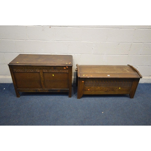 1204 - AN OAK BLANKET CHEST, width 104cm x depth 48cm x height 49cm together with another oak blanket chest... 